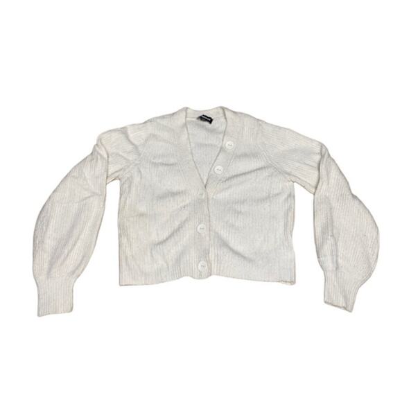 Minimalist White Ribbed Button-Up Cropped Cardigan Express Women’s Small - Picture 2 of 5